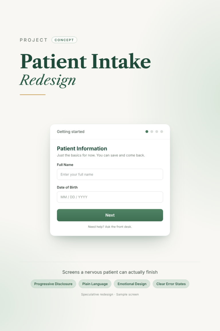 Patient Intake Redesign concept cover: a sample patient information form asking only for full name and date of birth, with progress dots and a Next button.